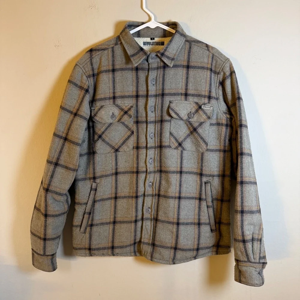 Revolution Surf Skate‎ Mens Small Sherpa Lined Plaid Flannel Shirt Jacket Grey
